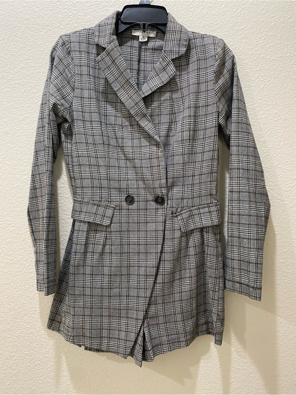 FAVLUX Plaid Long Sleeve Blazer Dress Romper Black Gray Green Size S